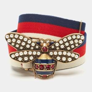 Gucci Tri Color Fabric Web Queen Margaret Bee Buckle Waist Belt 75CM