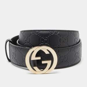 Gucci Black Guccissima Leather Interlocking GG Buckle Belt 100CM