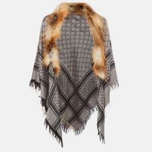 Gucci Brown Fur Timmed GG Jacquard Wool & Silk Shawl