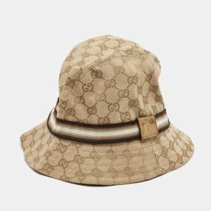 Gucci Beige Logo Monogram Web Detail GG Canvas Bucket Hat S