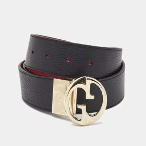 Gucci Black/Red Leather Interlocking G Round Reversible Belt 85CM