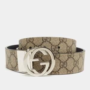 Gucci Beige/Black GG Supreme Canvas and Leather Interlocking G Buckle Belt 85CM