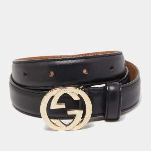 Gucci Black Leather Interlocking G Slim Buckle Belt 85CM