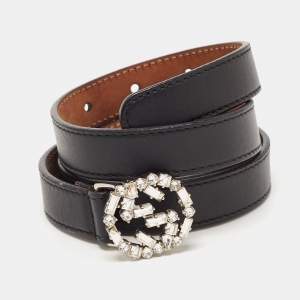 Gucci Black Leather Interlocking G Crystals Slim Belt 90CM