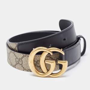 Gucci Black/Beige Canvas Coated and Leather GG Marmont Belt 75CM