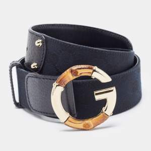 Gucci Black GG Canvas and Leather Bamboo G Buckle Belt 85CM