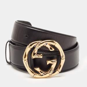 Gucci Black Leather Metal Bamboo Interlocking G Belt 80CM