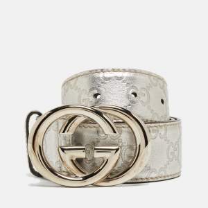 Gucci Silver Guccissima Leather Interlocking G Buckle Belt 80CM