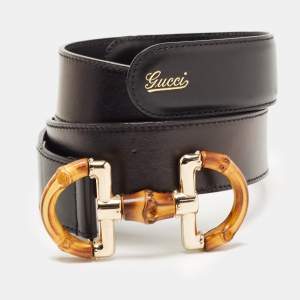 Gucci Black Leather Bamboo Horsebit Buckle Belt 90CM