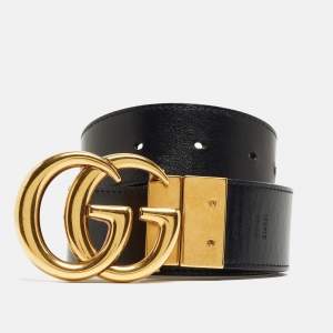 Gucci Black/Beige GG Supreme and Leather GG Marmont Belt 65CM