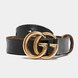 Gucci Black Leather Double G Buckle Slim Belt 80 CM