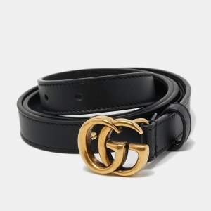 Gucci Black Leather Double G Buckle Slim Belt 80 CM