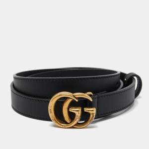 Gucci Black Leather Double G Buckle Slim Belt 85 CM