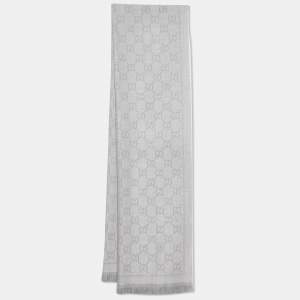 Gucci Grey GG Patterned Wool Fringed Scarf