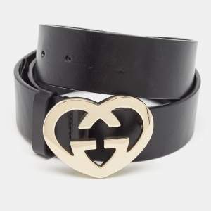 Gucci Black Leather GG Heart Buckle Belt 85CM