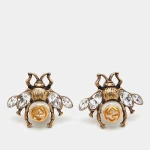 Pre Owned Gucci GG Bee Faux Pearl Gold Tone Earrings