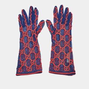 Gucci Blue/Red GG Embroidered Tulle Gloves M