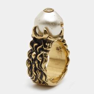 Gucci GG Faux Pearl Gold Tone Ring Size 61