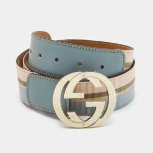Gucci Multicolor Stripe Canvas and Leather Interlocking G Buckle Belt 85CM
