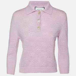 Gucci Pink Monogram Patterned Lurex Knit Long Sleeve Polo XS