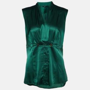 Pre Owned Gucci Green Silk Gathered Button Detailed Top M