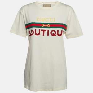Gucci Cream Ribbon Horse Buckle Print Cotton T-Shirt S