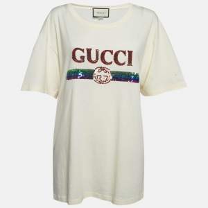 Gucci Cream Sequin Logo Cotton Crew Neck T-Shirt L