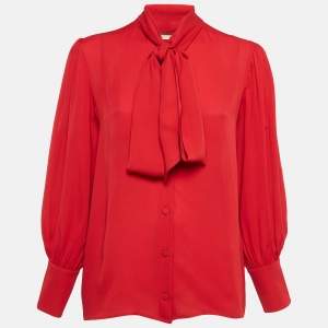 Gucci Red Satin Silk Tie-Up Neck Blouse S