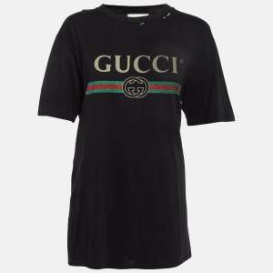 Gucci Black Logo Print Distressed Cotton T-Shirt M