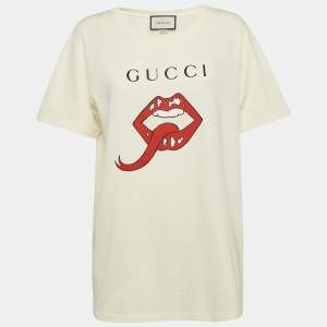 Gucci Cream Mouth Print Cotton Knit Crew Neck T-Shirt S