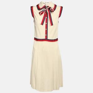 Gucci Cream Stretch Jersey Web Trim Detail Shift Dress S