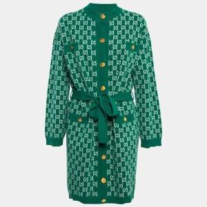 Gucci Green GG Patterned Wool Knit Belted Long Cardigan S