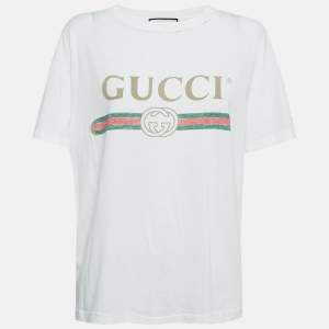 Gucci White Logo Print Distressed Cotton T-Shirt S 