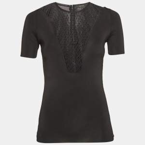 Gucci Black Mesh Insert Rib Knit Short Sleeve Top S