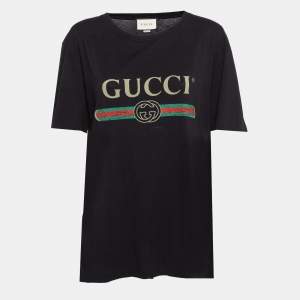 Gucci Black Logo Print Jersey Distressed T-Shirt M