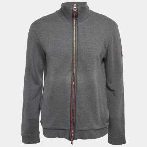 Gucci Grey Web Trim Cotton Knit Zip Front Hoodie XL