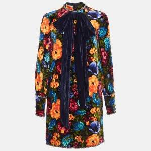 Gucci Multicolor Floral Print Studded Velvet Bow Detail Mini Dress S