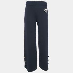 Pre Owned Gucci Navy Blue Textured Stretch Knit Wide Leg Trousers M