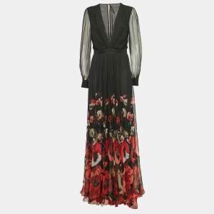 Pre Owned Gucci Black Floral Print Silk Plunging Neck Flared Gown M
