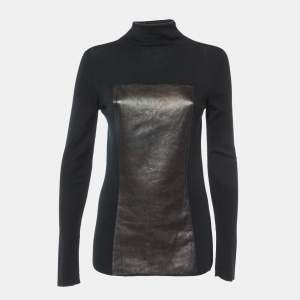 Gucci Black Knit Cashmere Leather Patch High Neck Sweater L