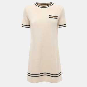 Gucci Cream Contrast Trim Wool Knit Horsebit Chain Detail Dress XL