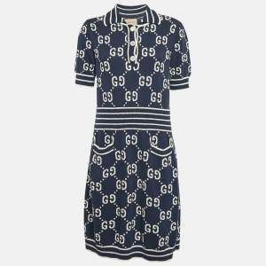 Gucci Blue Zima Jacquard Cotton Blend Knit Mini Dress L