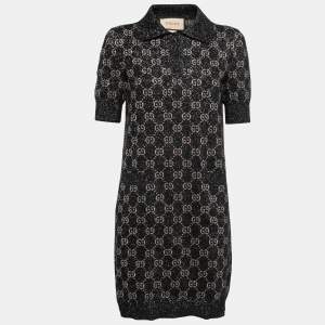 Gucci Black GG Supreme Jacquard Lurex Knit Mini Polo Dress XL
