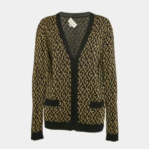 Gucci Black/Gold Logo Patterned Wool Blend Lurex Knit Cardigan S