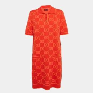 Gucci Red GG Jacquard Cotton Knit Midi Polo Dress XL