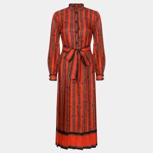 Gucci Orange Square G chain Print Silk Tie-Up Neck Pleated Midi Dress M