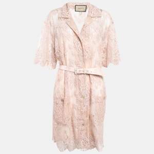 Gucci Pink Floral Lace Belted Shirt Dress XL