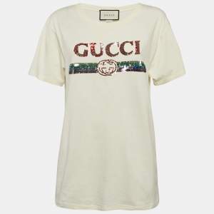 Gucci Cream Logo Sequin Embellished Round Neck Oversize T-Shirt S