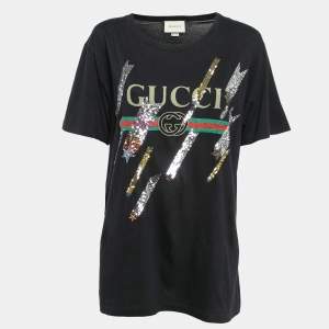 Gucci Black Web Print Jersey Sequin Detail T-Shirt M