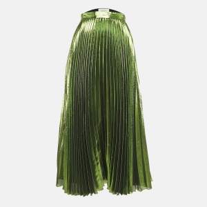 Gucci Metallic Green Lamé Silk Plisse Midi Skirt M
